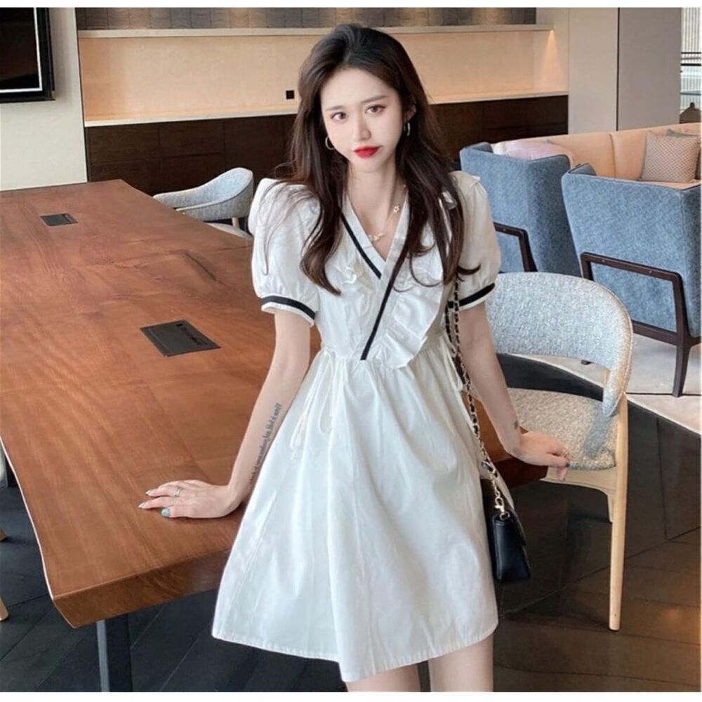 Women Dresses Women Ruffles Lovely Elegant Lady Short Sleeve Style Chic White